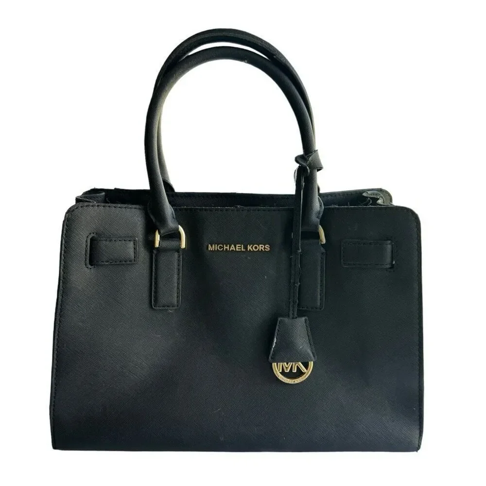 Michael Kors Black Dillon Saffiano Leather Gold EW Satchel Bag Purse